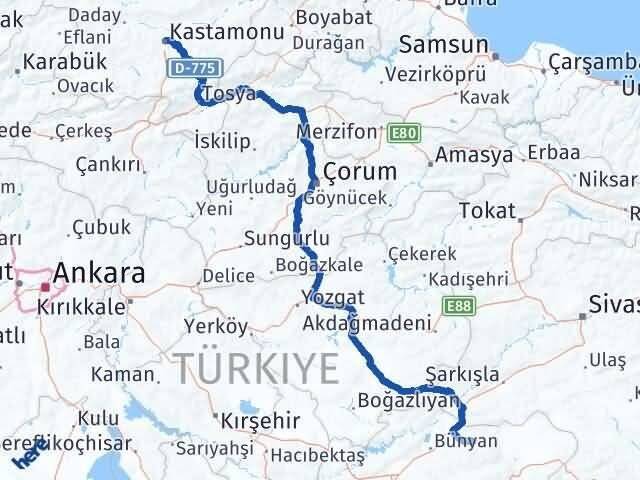 Kayseri Akkışla Kastamonu Arası Kaç Km - Yol Haritası