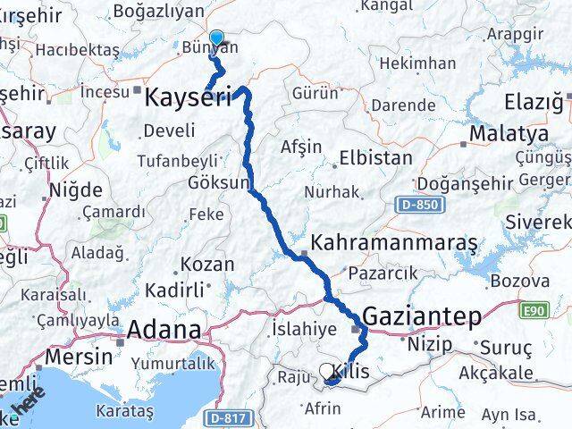 Kayseri Akkışla Kilis Arası Kaç Km - Yol Haritası