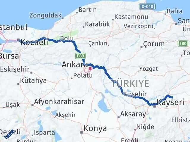 Kayseri Akkışla Kocaeli Arası Kaç Km - Yol Haritası