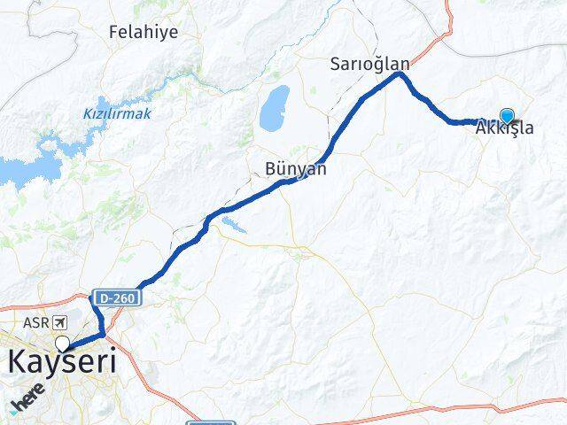 Kayseri Akkışla Kocasinan Arası Kaç Km - Yol Haritası