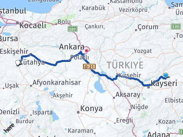 Kayseri Akkışla Kütahya Arası Kaç Km - Yol Haritası