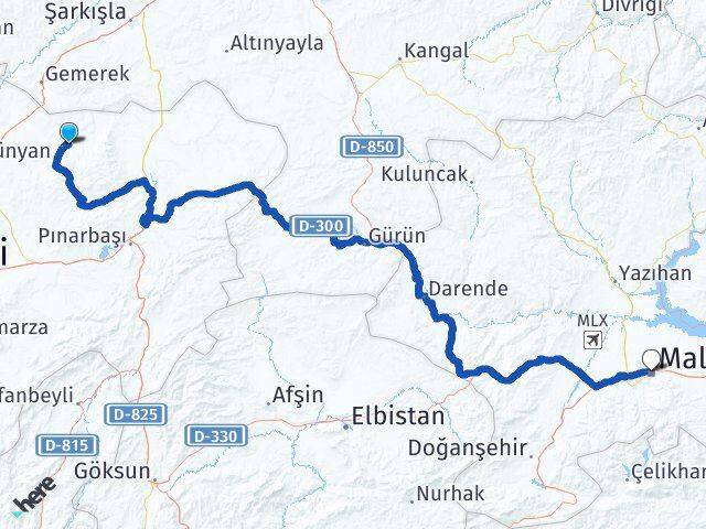 Kayseri Akkışla Malatya Arası Kaç Km - Yol Haritası