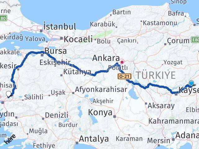 Kayseri Akkışla Manisa Arası Kaç Km - Yol Haritası