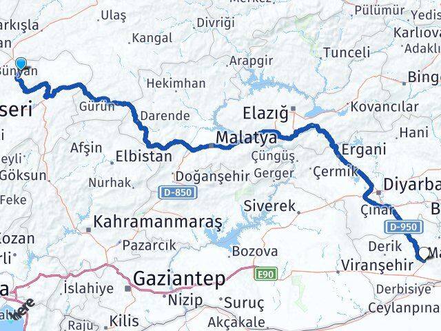 Kayseri Akkışla Mardin Arası Kaç Km - Yol Haritası