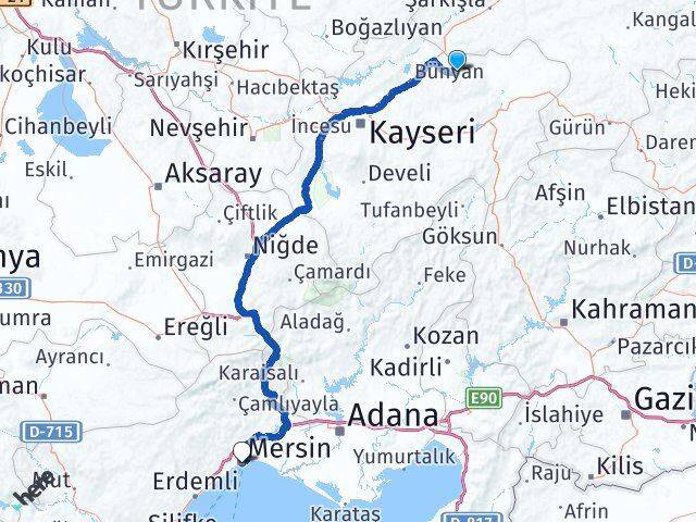 Kayseri Akkışla Mersin Arası Kaç Km - Yol Haritası