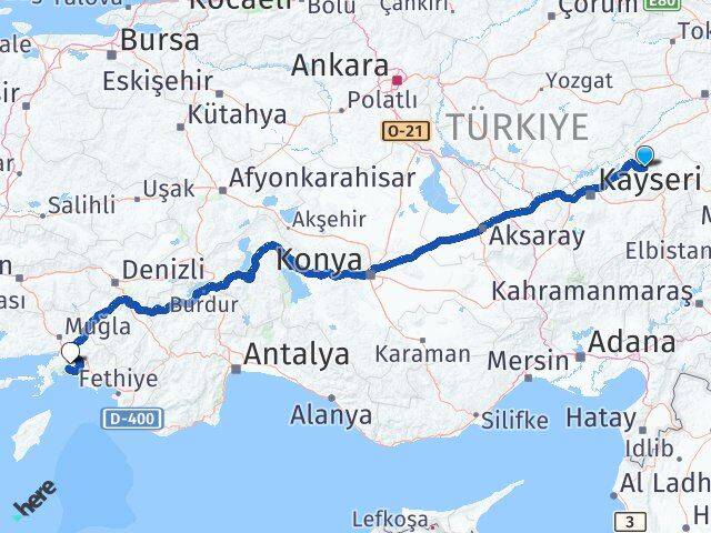 Kayseri Akkışla Muğla Arası Kaç Km - Yol Haritası