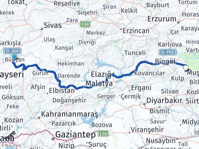 Kayseri Akkışla Muş Arası Kaç Km - Yol Haritası