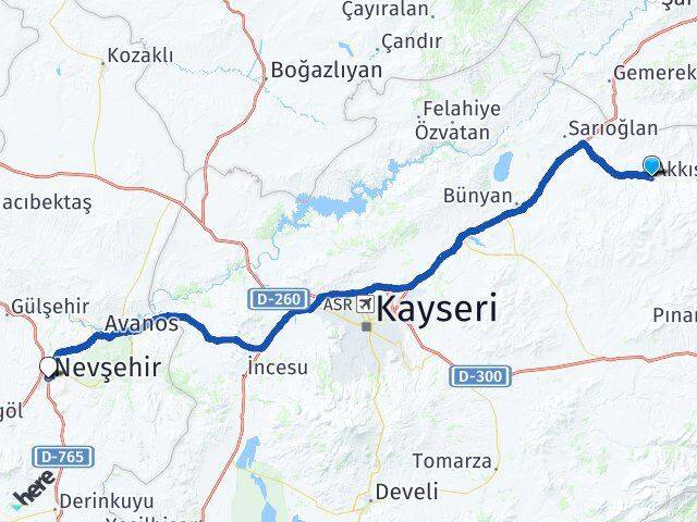 Kayseri Akkışla Nevşehir Arası Kaç Km - Yol Haritası