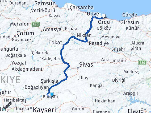 Kayseri Akkışla Ordu Arası Kaç Km - Yol Haritası