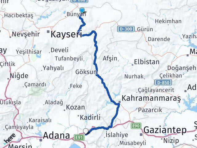 Kayseri Akkışla Osmaniye Arası Kaç Km - Yol Haritası