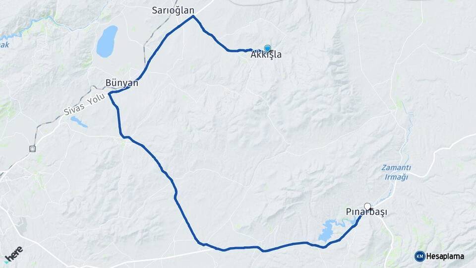 Kayseri Akkışla Pınarbaşı Arası Kaç Km - Yol Haritası