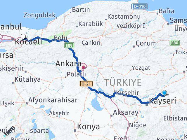 Kayseri Akkışla Sakarya Arası Kaç Km - Yol Haritası