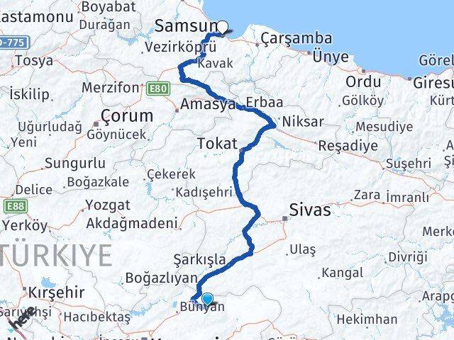 Kayseri Akkışla Samsun Arası Kaç Km - Yol Haritası
