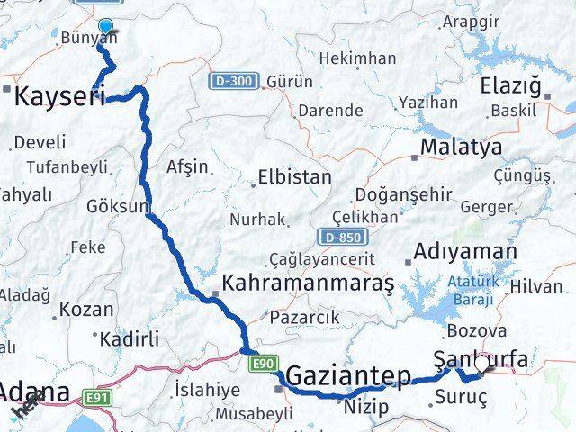 Kayseri Akkışla Şanlıurfa Arası Kaç Km - Yol Haritası