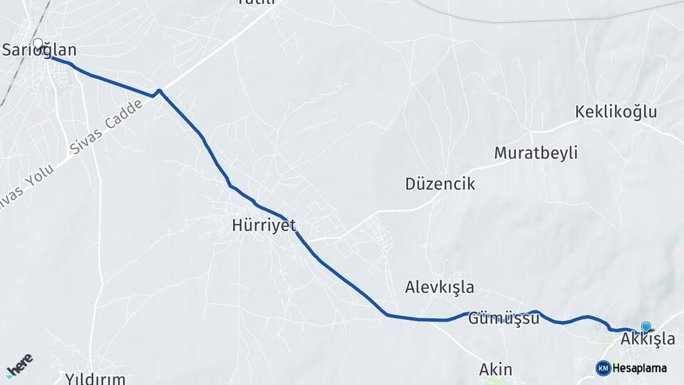 Kayseri Akkışla Sarıoğlan Arası Kaç Km - Yol Haritası
