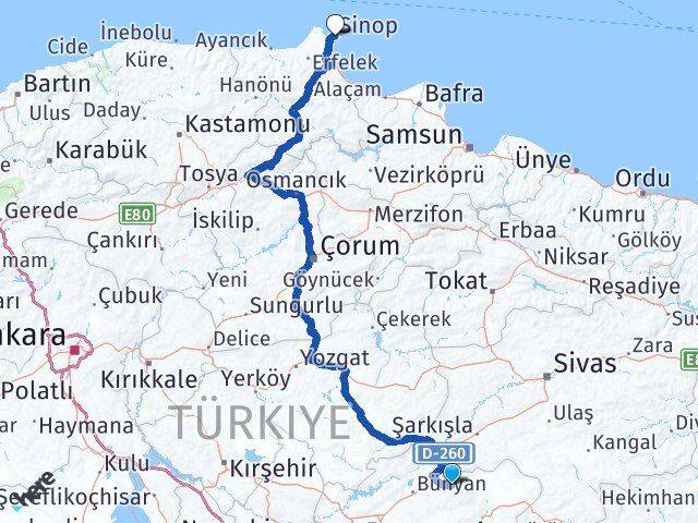 Kayseri Akkışla Sinop Arası Kaç Km - Yol Haritası