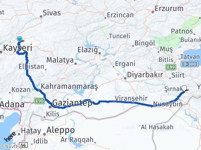 Kayseri Akkışla Şırnak Arası Kaç Km - Yol Haritası