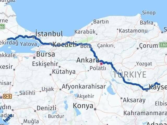 Kayseri Akkışla Tekirdağ Arası Kaç Km - Yol Haritası