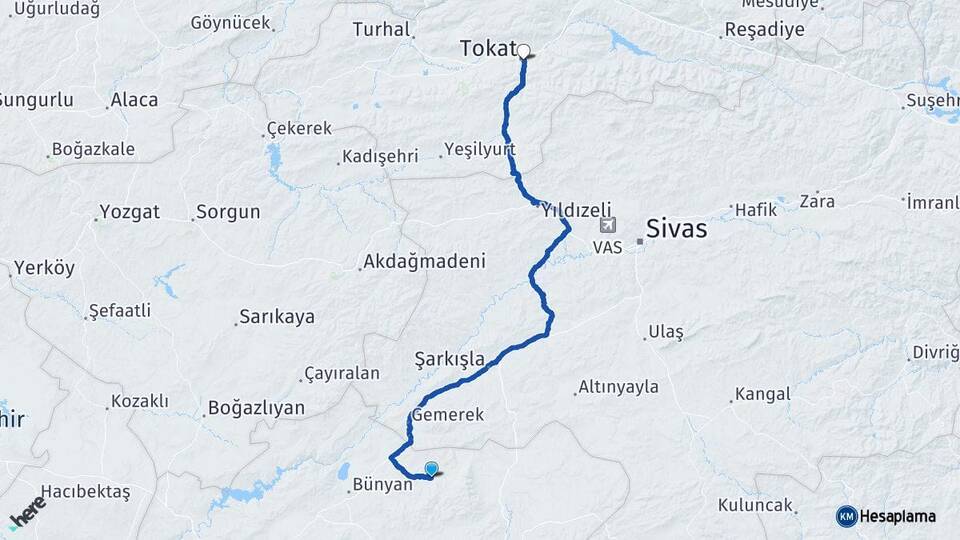 Kayseri Akkışla Tokat Arası Kaç Km - Yol Haritası
