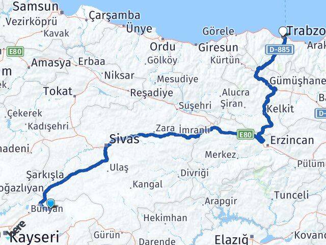 Kayseri Akkışla Trabzon Arası Kaç Km - Yol Haritası
