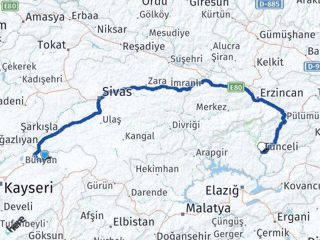 Kayseri Akkışla Tunceli Arası Kaç Km - Yol Haritası