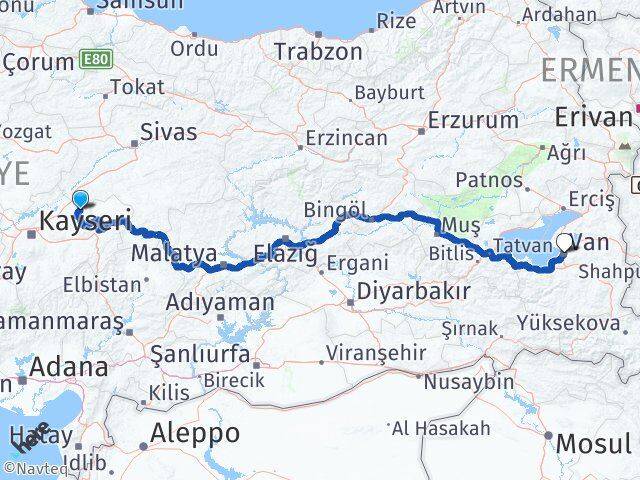 Kayseri Akkışla Van Arası Kaç Km - Yol Haritası