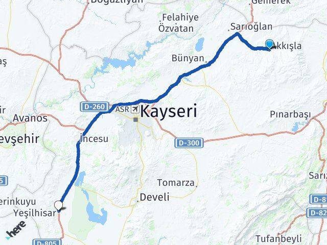Kayseri Akkışla Yeşilhisar Arası Kaç Km - Yol Haritası