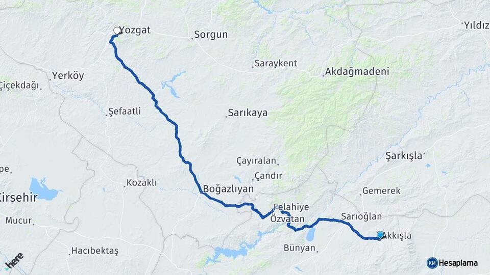 Kayseri Akkışla Yozgat Arası Kaç Km - Yol Haritası
