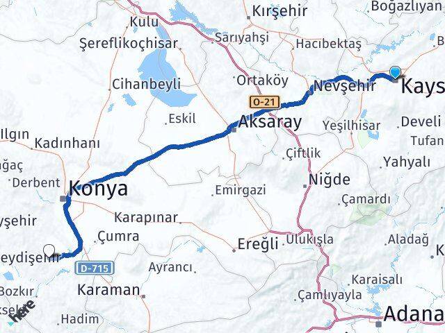 Kayseri Akören Konya Arası Kaç Km - Yol Haritası