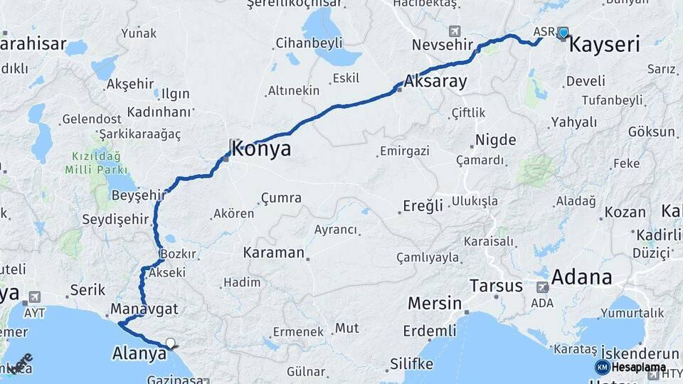 Kayseri Alanya Antalya Arası Kaç Km - Yol Haritası