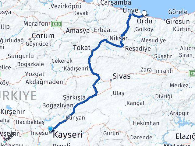 Kayseri Altınordu Arası Kaç Km - Yol Haritası