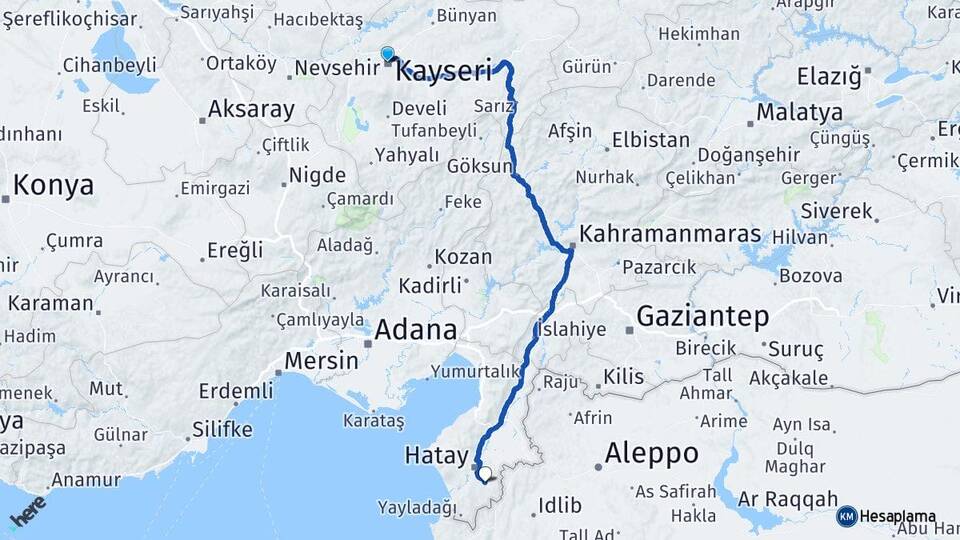 Kayseri Altınözü Hatay Arası Kaç Km - Yol Haritası