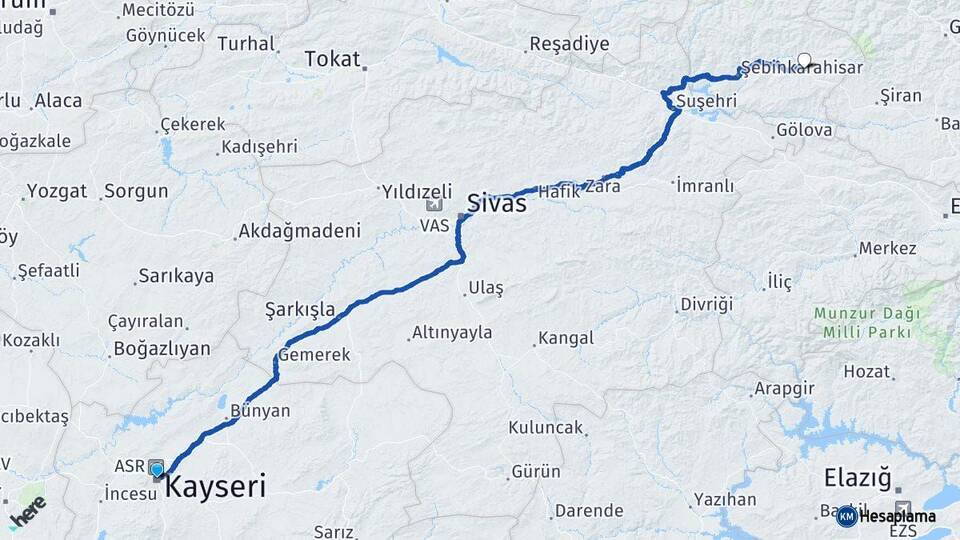 Kayseri Alucra Giresun Arası Kaç Km - Yol Haritası
