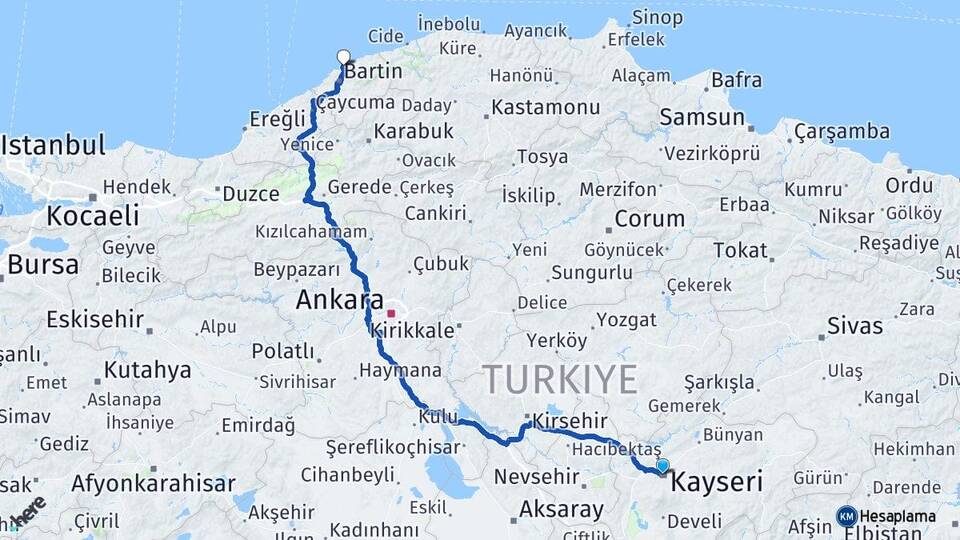 Kayseri Amasra Bartın Arası Kaç Km - Yol Haritası