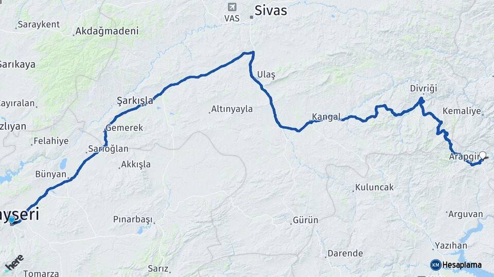 Kayseri Arapgir Malatya Arası Kaç Km - Yol Haritası