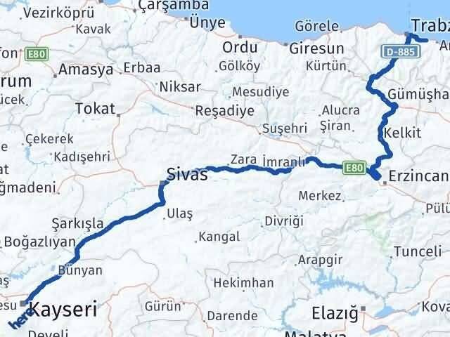 Kayseri Arsin Trabzon Arası Kaç Km - Yol Haritası