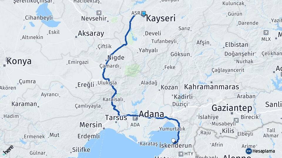 Kayseri Arsuz Hatay Arası Kaç Km - Yol Haritası