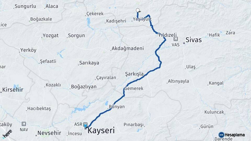 Kayseri Artova Tokat Arası Kaç Km - Yol Haritası