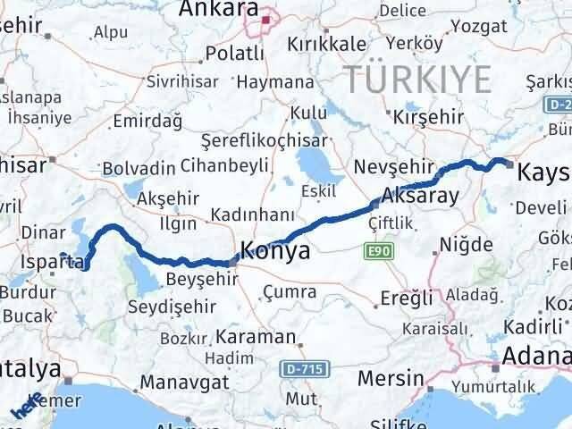 Kayseri Atabey Isparta Arası Kaç Km - Yol Haritası
