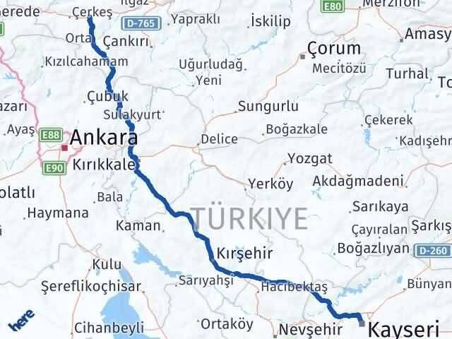 Kayseri Atkaracalar Çankırı Arası Kaç Km - Yol Haritası