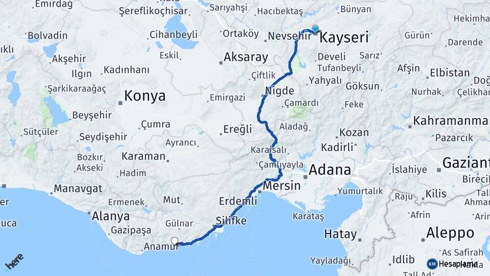 Kayseri Aydıncık Mersin Arası Kaç Km - Yol Haritası