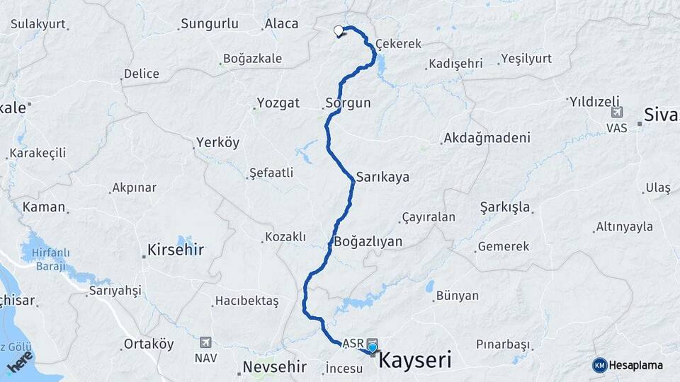 Kayseri Aydıncık Yozgat Arası Kaç Km - Yol Haritası