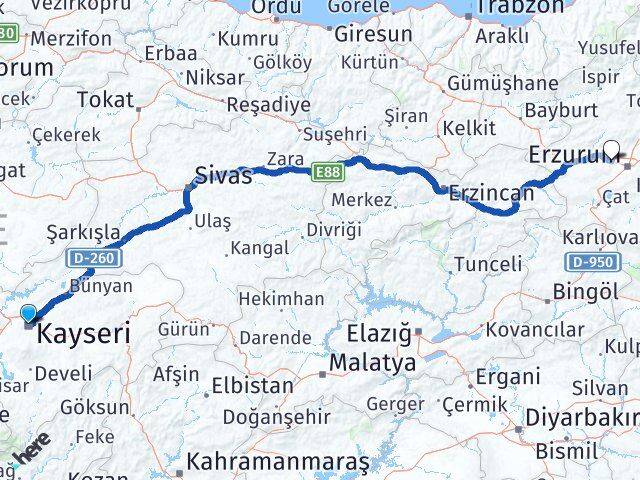 Kayseri Aziziye Erzurum Arası Kaç Km - Yol Haritası