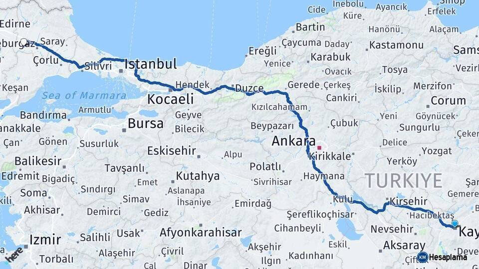 Kayseri Babaeski Kırklareli Arası Kaç Km - Yol Haritası