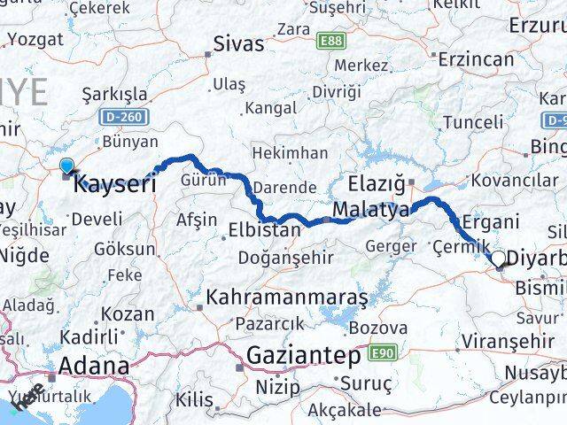 Kayseri Bağlar Diyarbakır Arası Kaç Km - Yol Haritası