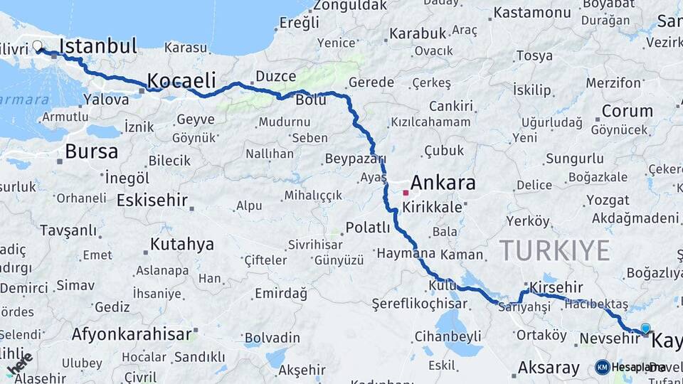 Kayseri Başakşehir İstanbul Arası Kaç Km - Yol Haritası