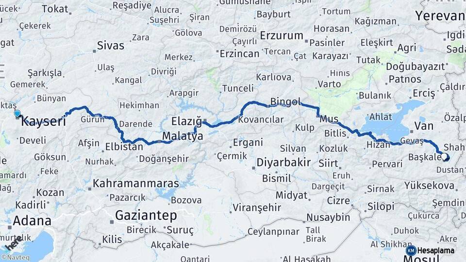 Kayseri Başkale Van Arası Kaç Km - Yol Haritası
