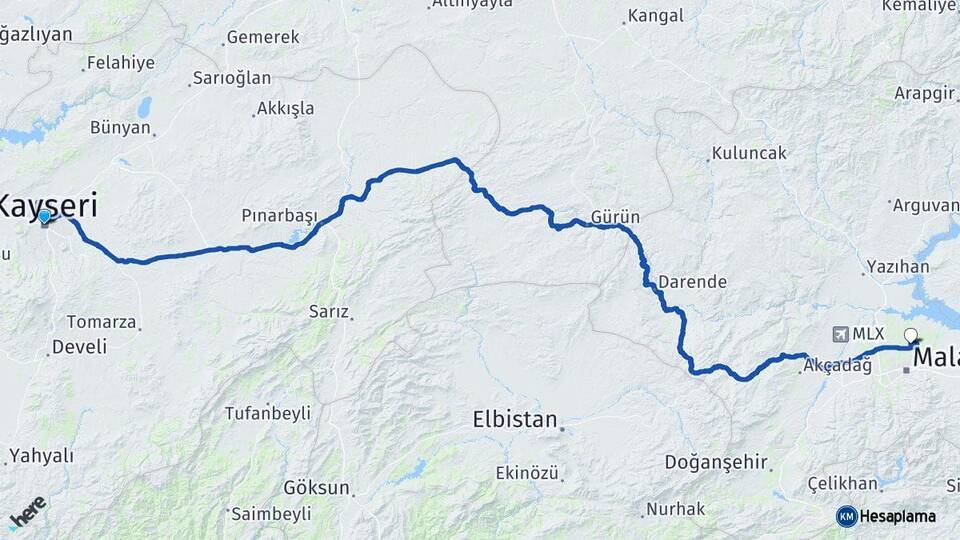 Kayseri Battalgazi Malatya Arası Kaç Km - Yol Haritası