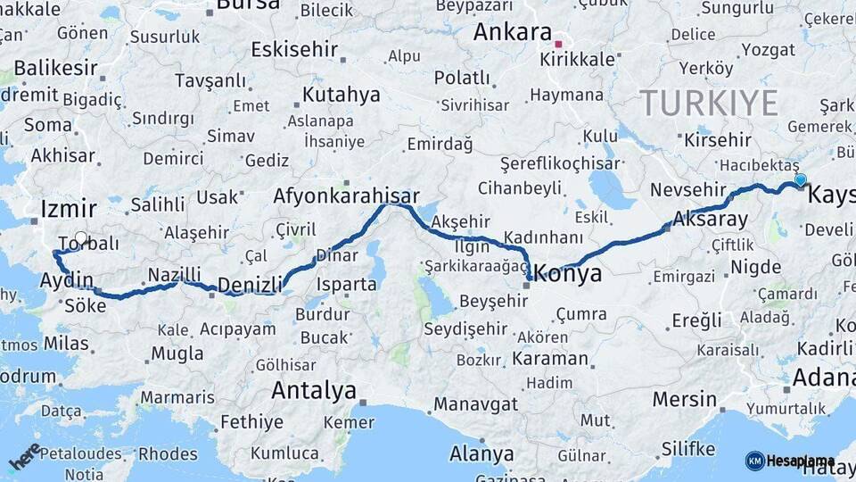 Kayseri Bayındır İzmir Arası Kaç Km - Yol Haritası