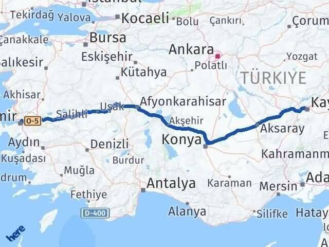 Kayseri Bayraklı İzmir Arası Kaç Km - Yol Haritası
